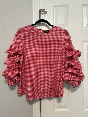 Who What Wear Red Gingham Ruffle Sleeve Blouse